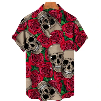 Мъжки Хавайска риза с къс ръкав, Риза на една пуговице, Ежедневни Дишаща Плажна риза с 3D принтом на Черепа, Плюс Размер 5XL, мъжка Блуза 2023