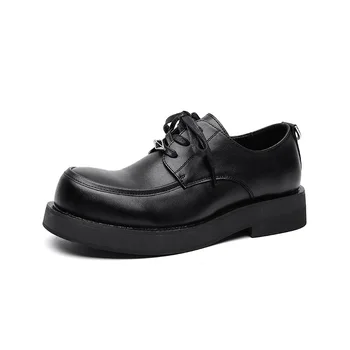 Мъжки бизнес обувки в британския стил, есенно-зимни лоферы на дебела подметка с шнур, мъжки ежедневни кожени обувки в стил Дерби за пътуване до работа, мъжки кожени обувки в стил Дерби
