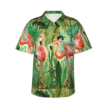 Мъжки ежедневни хавайски ризи Flamingos In The Jungle, Плажни ризи с къс ръкав и копчета, ризи с тропически цветен модел