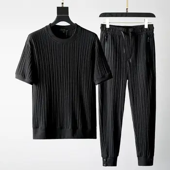 Мъжки модерен комплект, класически летен топ, панталон, однотонная еластична дишаща риза в сгъвката с кръгло деколте и панталони за офиса