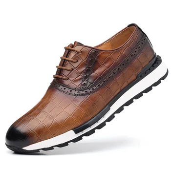 Мъжки обувки, британска обувки от естествена кожа, удобна есен ежедневни обувки дантела, улични мъжки маратонки с шарките на крокодилска кожа