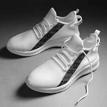 Мъжки спортни обувки, дантела с шарени букви, бели тъкани маратонки за спорт на открито