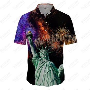 Мъжки топ със Статуята на Свободата с 3D принтом, лятна мода класическа риза с ревера и копчета, широки дрехи с къс ръкав