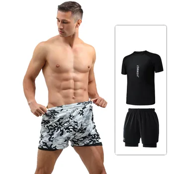 Нови мъжки бански с цепка, тениска с къс ръкав, плажни шорти, защита от слънцето, быстросохнущий топ за сърф, водни спортове, плуване