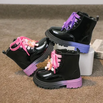 Обувки за момичета, Есента розови, лилави, от лачена кожа, Сладък детски къси ботуши 22-33, Модни детски обувки с кръгло бомбе