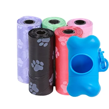 Пакети за какашек домашни любимци Еднократни Торбички за кучешки отпадъци, Обемни пакети за какашек със скоба за каишка и дозатор за торби за костите на 5 ролки (75шт) на Пакети с отпечатъците на лапите