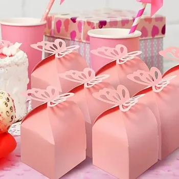 Подарък кутия за бонбони за 10 бр., Розова Пеперуда, Украса за Рожден Ден, Сватбени аксесоари, Детски душ, Подарък кутия с шоколадов сърце, чанти