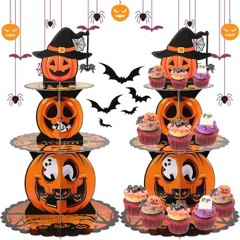 Поставка за кексчета с тиква за Хелоуин, 3-те Нива, картонена стойка за торта, тава за десерт, поставка за предложения