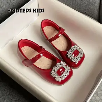 Приказно кожени модел обувки за момичета-малки принцеси с катарама от страз, нескользящая мека подметка, сватбени модел обувки за деца 2023 г.