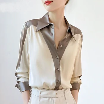 Пролетно-есенна блуза с дълъг ръкав 2023, Нова мода контрастни цветове, Офис женска риза, однобортные дамски блузи