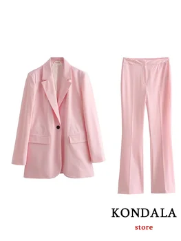 Ретро розов обикновен женски костюм KONDALA, Сако с V-образно деколте и една пуговицей, Прави Дълги широки панталони, Нови есенни комплекти 2023 г., Новите модни комплекти