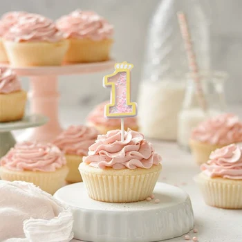Розови блестящи топперы за торта с цифри, детски душ, 1-ви рожден ден, декорация за кексчета, десерти, златна корона, направи си сам, вечерни аксесоари