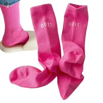 Розови чорапи Дамски Пролетно-есенни чорапи със средна дължина, Ins, градинска облекла, Памучни спортни чорапи с висока талия и с главни букви