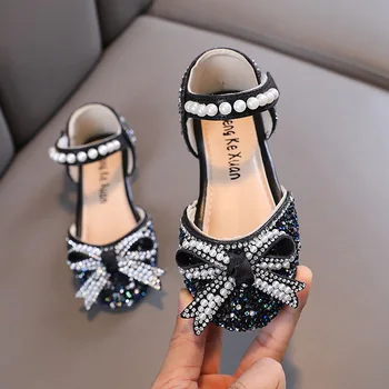 Сандали за момичета, Нова лятна мода обувки за малки момичета с перли и кристали, детски празници сватбени обувки на принцесата H950