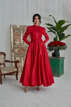 Сатен Апликации, бродирани мъниста Мюсюлмански вечерни рокли С Дълъг ръкав, ислямски вечерни рокли с високо воротом, Женски арабски халати De Soirée