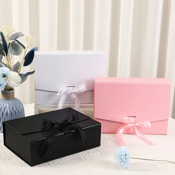 Сгъваема Подарък кутия-мида на магнит с лък за Сватба, Рожден Ден, Кръщенета, подаръци за партита, Опаковъчна кутия, Хартиена кутия с логото на поръчка