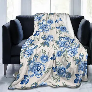 Синьо-Бяло Флисовое одеяло с цветен модел, Ултра-Меки Одеяла, Топли, уютни за разтегателни Дивана в хола
