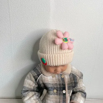 Сладки Бебешки crochet-шапки-бини, Топло Есенно-зимни Вълнени шапки с много цветя и ягоди, сгъсти възвръщане лента за момчета и момичета