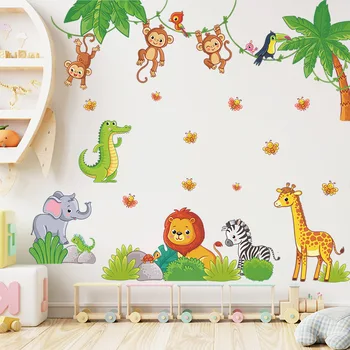 Сладък cartoony рай за животните, маймуна, жираф, стикери за стена, детска стая, декорация на детската градина, стикери за стена, направи си сам