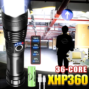 Супер Мощен led фенерче XHP360 с 36 ядра, Акумулаторна лампа, Бял Лазерен Фенер с Висока мощност, Тактически работен фенер XHP90