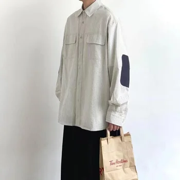 Тенденцията на мъжката мода 2023, Риза с дълги ръкави, Свободна Ежедневни риза райе с принтом, Благородна материя, яка с ревери, Бежово палто