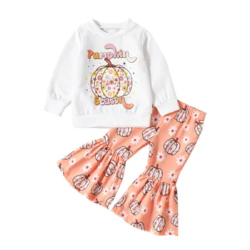 Тениска с дълги ръкави и мультяшными щампи за малки момичета на Хелоуин, Пуловер, Потник, панталони, Hoody с штанами, Комплект детски одеала за момичета
