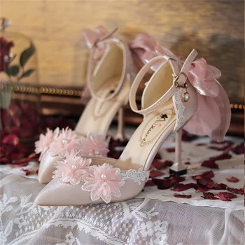 Френска Скъпа Реколта обувки за момичета, Cosplay, Розови Елегантни Дантелени Сандали с цветя, Перли, Бинтове С лък, Обувки на висок ток 8 cm