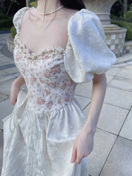 Френското Винтажное Елегантна рокля Midi, Офис Женски Ежедневното Вечерна рокля с цветен модел, Женски пълномаслено рокля, на Корейското лято 2023, Връхни дрехи