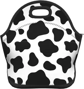 Чанта за обяд от неопрен, черно-бял принт на крава, за Многократна употреба Изолирани чанти-тоут за обяд за мъже и жени, за работа, за пикник или при пътуване